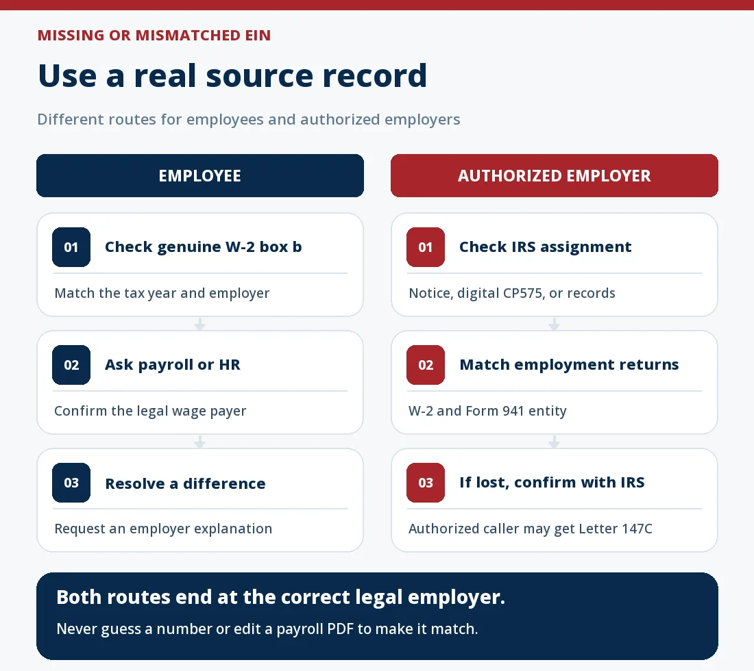 Two-lane EIN verification route: an employee checks a genuine W-2 box b or asks payroll; an authorized employer checks IRS assignment and tax records or requests confirmation; both compare the legal employer and never guess an EIN.