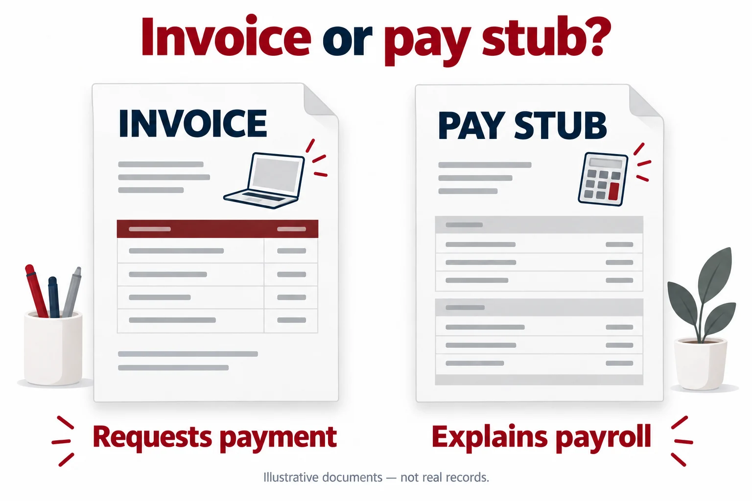 Two illustrative documents: an invoice requests payment, while a pay stub explains payroll. Neither contains real personal or financial information.