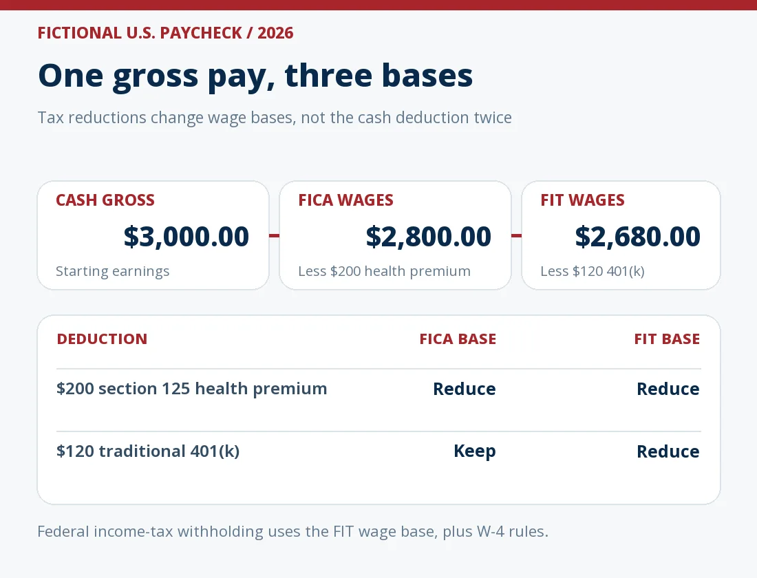 Fictional 2026 $3,000 cash gross paycheck: a $200 qualifying section 125 health premium reduces FICA and federal income-tax wages to $2,800; a further $120 traditional 401(k) deferral reduces federal income-tax wages to $2,680 but leaves FICA wages at $2,800.