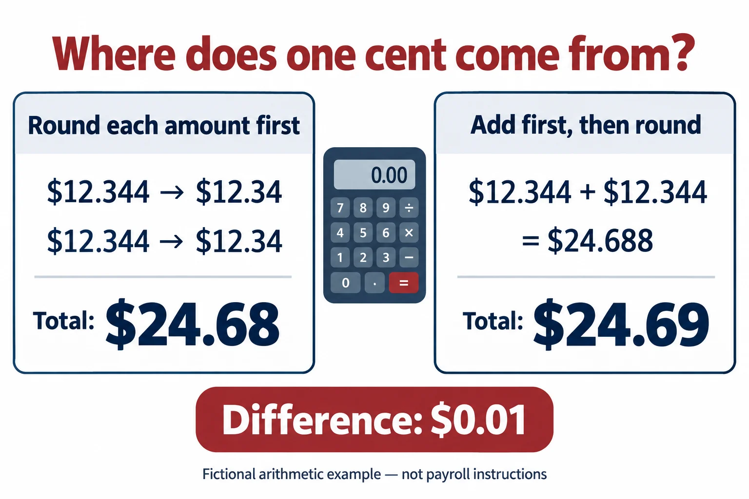 Fictional rounding example: rounding two amounts of 12.344 dollars separately gives 24.68 dollars, while adding them before rounding gives 24.69 dollars, a one-cent difference.
