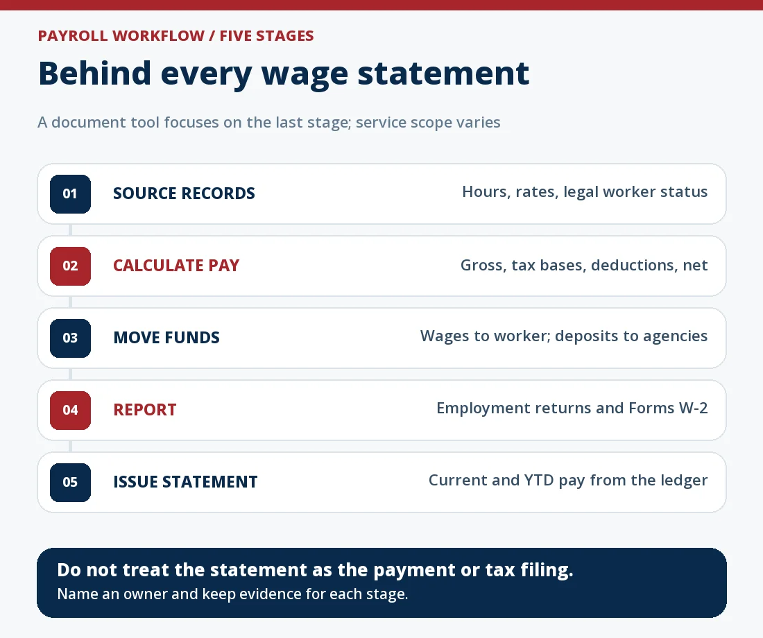 Small-employer payroll workflow with five distinct stages: source time and pay records, wage and tax calculation, payment and tax deposits, required returns and W-2 forms, and employee wage statements. A pay stub generator addresses the statement stage; a payroll service may cover contracted upstream stages; the employer verifies all handoffs.