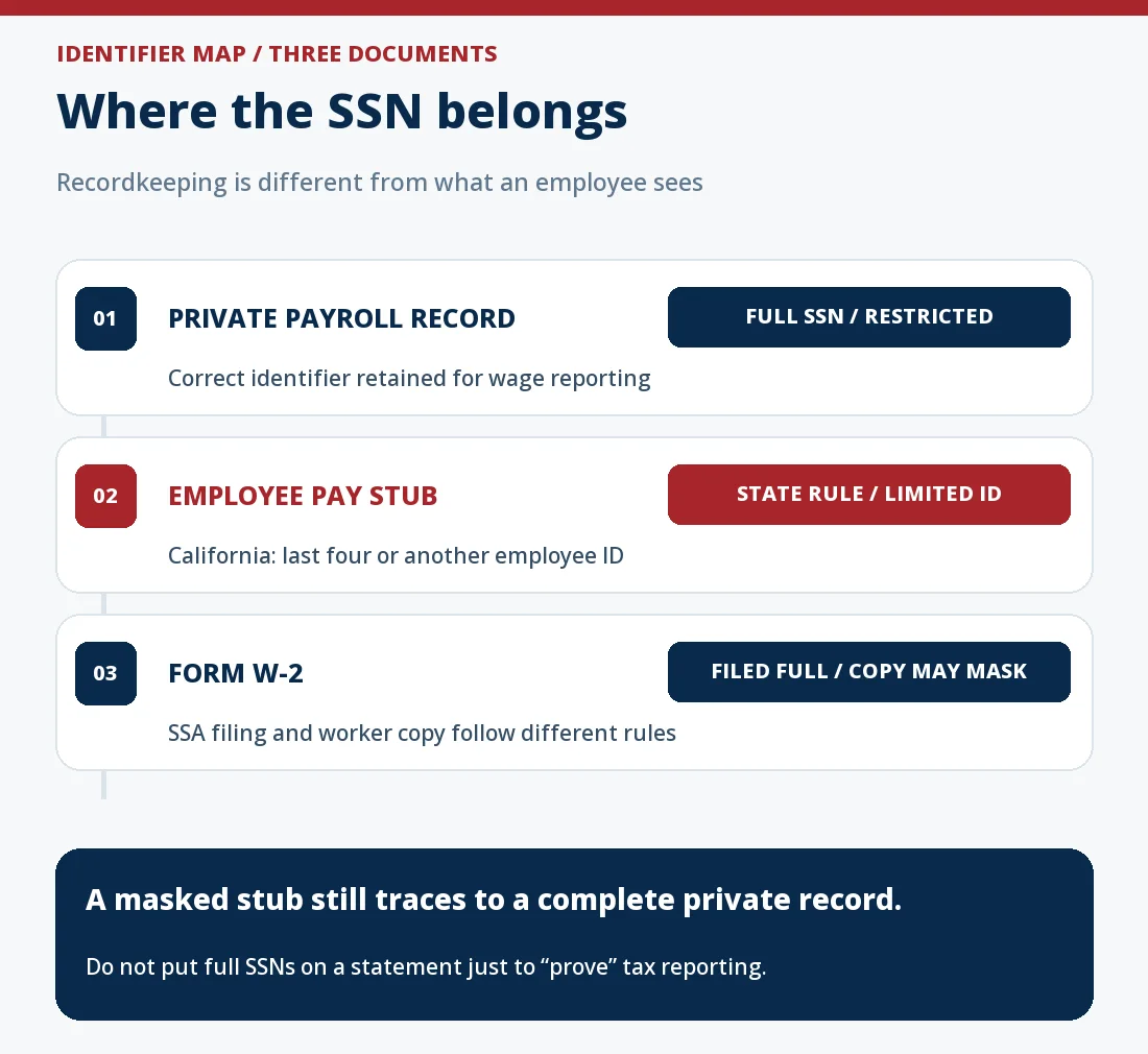 Three-document map: a restricted employer payroll record stores the employee’s full SSN; a worker-facing pay stub follows the applicable state rule and may show last four digits or a different employee ID; a W-2 filed with Social Security uses the full SSN, while an employee copy may be masked under IRS rules. The map distinguishes recordkeeping from disclosure.