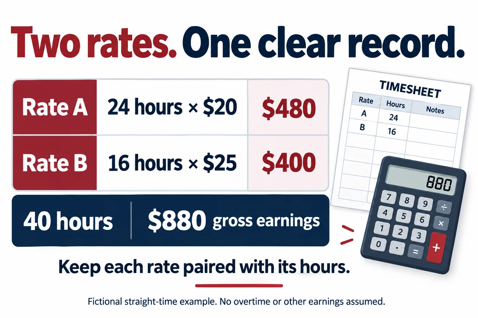 Fictional example: 24 hours at $20 produces $480, and 16 hours at $25 produces $400, totaling 40 hours and $880 gross earnings. No overtime or other earnings are assumed.